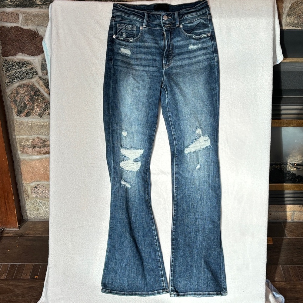 Buckle Distressed Medium Blue Flare Jeans
